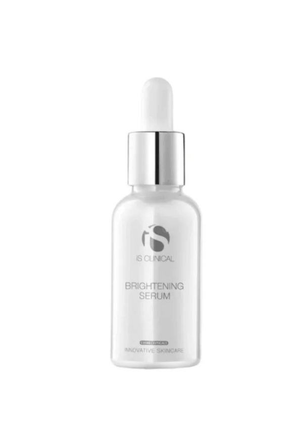 A 15ml bottle of Brightening Serum stands upright against a plain white background, featuring clear glass, a silver dropper cap, and a white label with gray text.